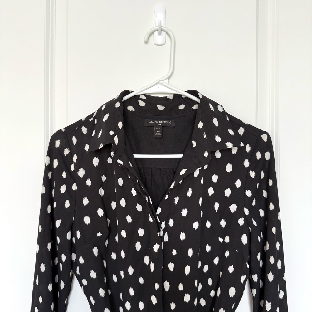 Banana Republic Black and White Polka Dot Long Sleeve Shirt Dress with Belt